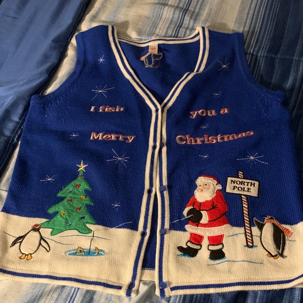 Blue Christmas Vest with Santa and Penguins